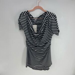 Meaneor Women's Black White Striped Cowl Neck Short Sleeve Blouse Medium NWT
